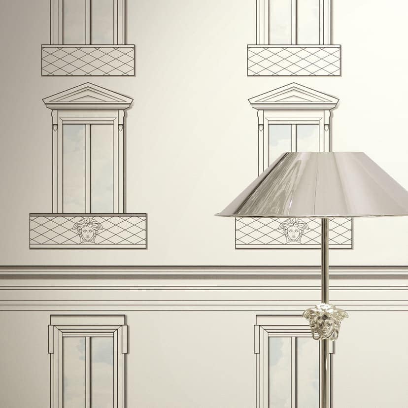 Papel pintado no tejido Versace Palazzo No 12 fachada ventana blanco gris neo clásico