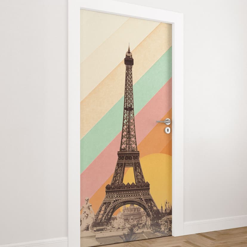 Vinilo para puerta Torre Eiffel retro con arco iris - Bodart - Decoración autoadhesiva para puertas
