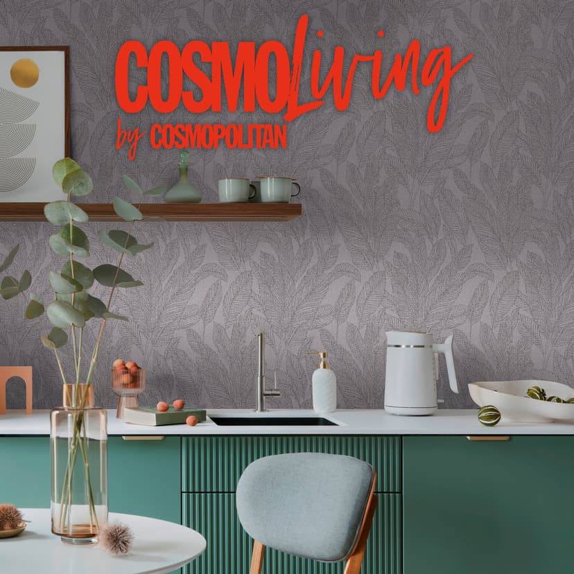 COSMOPOLITAN Papel pintado no tejido sala de estar con hojas gris oscuro - papel pintado moderno