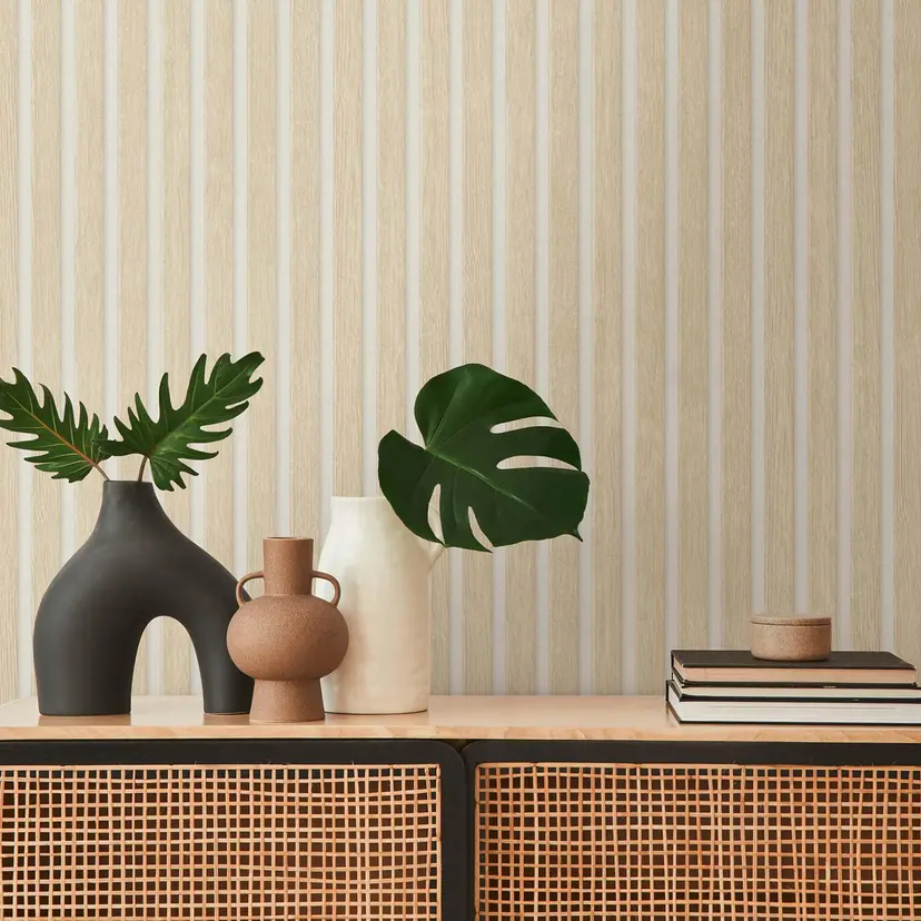 Papel pintado panel madera beige blanco no tejido moderno aspecto madera