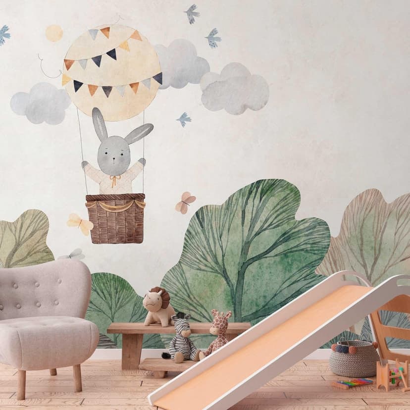 Papel pintado infantil globo aerostático conejo - Papel pintado tejido-no tejido con motivos de animales para cuarto de bebé