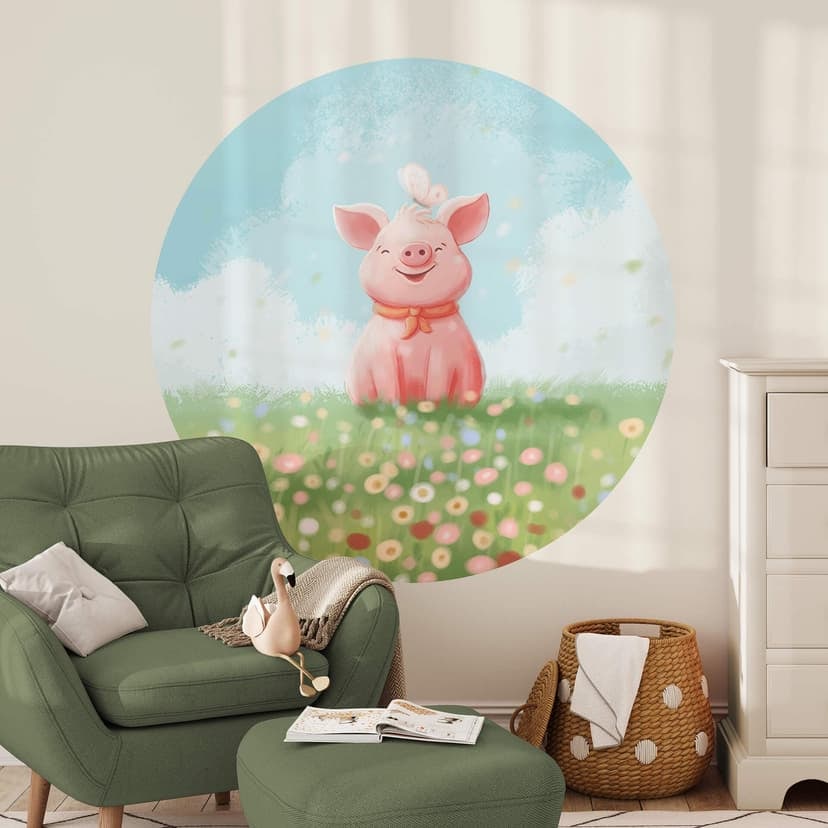 Vinilo decorativo tailandés - Cerdito feliz en el prado de verano - Redondo