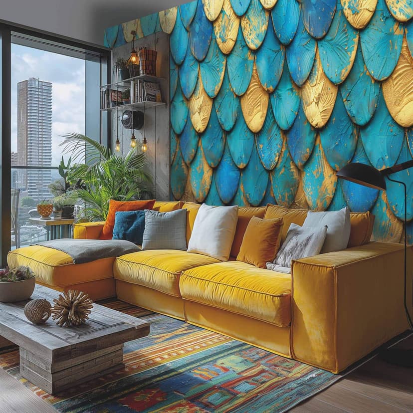 Fotomural Papel pintado no tejido, extensible - Efecto escamas oro azul - Textura moderna