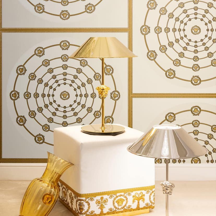 Versace Papel pintado no tejido I Love Baroque Medusa Circles White Gold de lujo