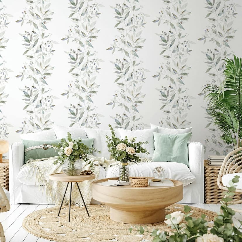 Papel pintado no tejido hojas naturaleza floral mate en blanco verde