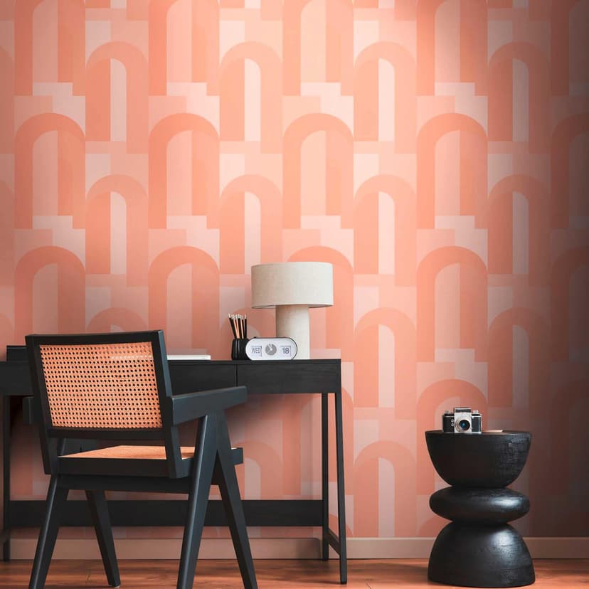Papel pintado gráfico de estilo art déco beige anaranjado - Papel pintado no tejido con Muestra retro