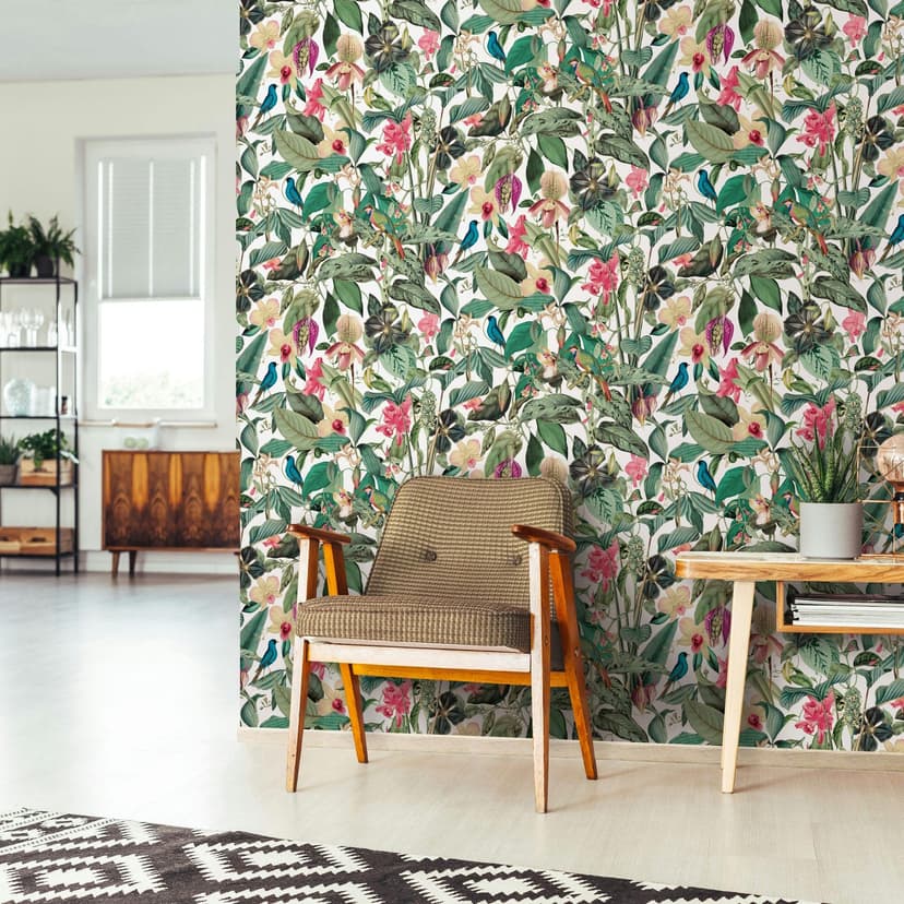 Papel pintado no tejido en blanco, hojas verdes flores naturaleza floral
