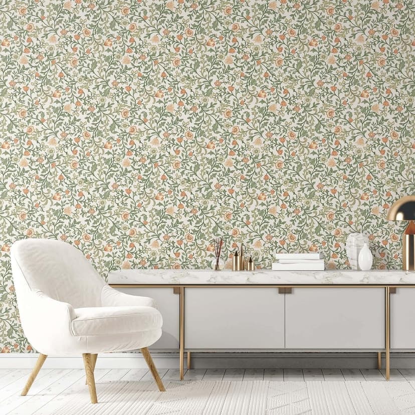 Papel pintado no tejido flores, motivo hoja naturaleza floral en blanco