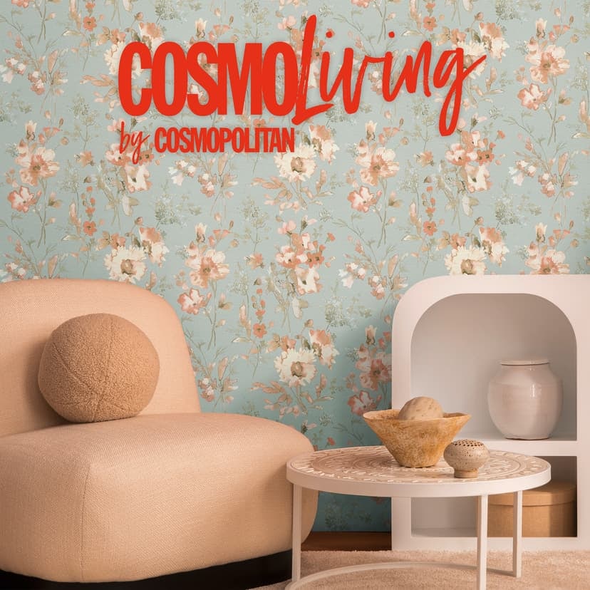 COSMOPOLITAN Papel pintado vintage acuarela flores albaricoque azul - Papel pintado no tejido pastel