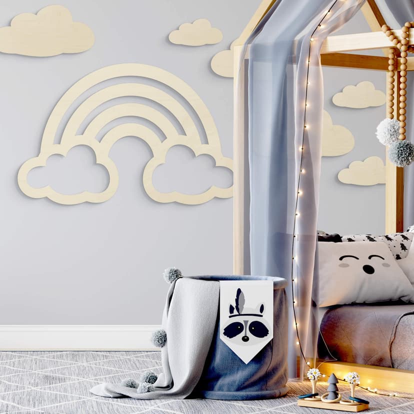 Decoración en madera de álamo - arco iris con nubes