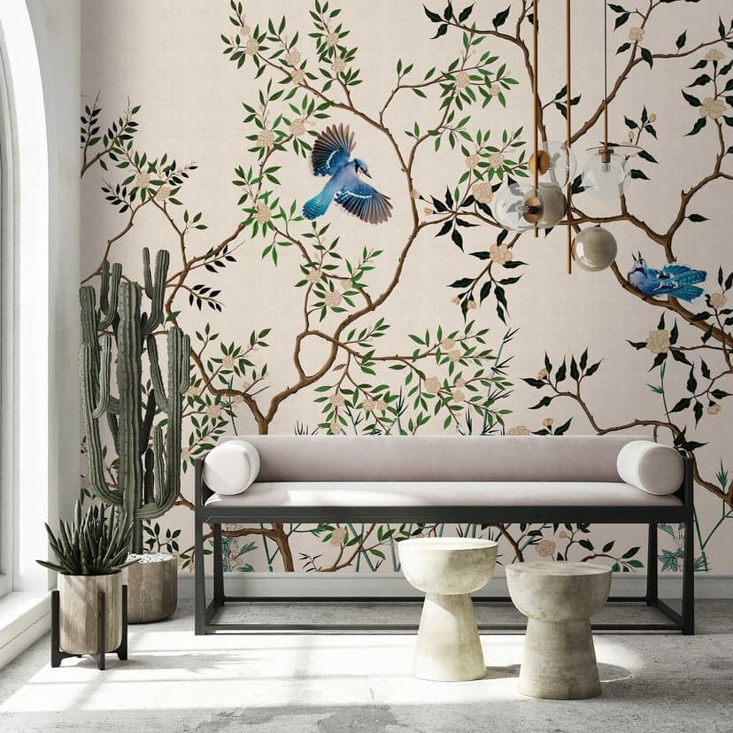 Papel pintado Pájaros asiáticos sobre ramas - Papel pintado no tejido beige con motivo naturaleza