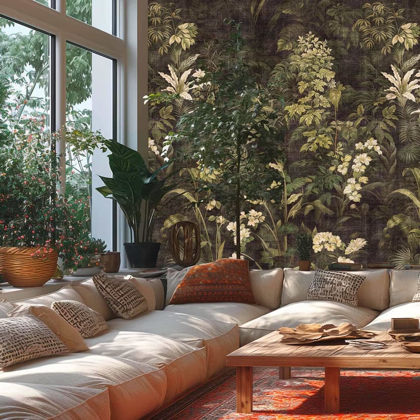 Papel pintado no tejido, extensible, aspecto jungla verde oscuro beige