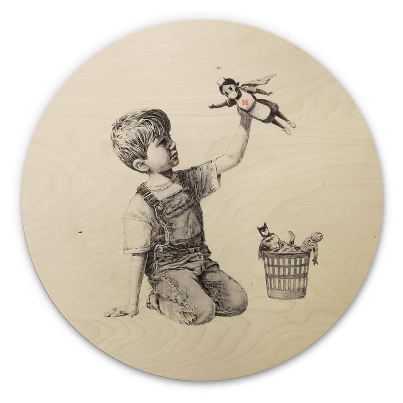 Cuadro de madera Banksy - Real Hero - Redondo