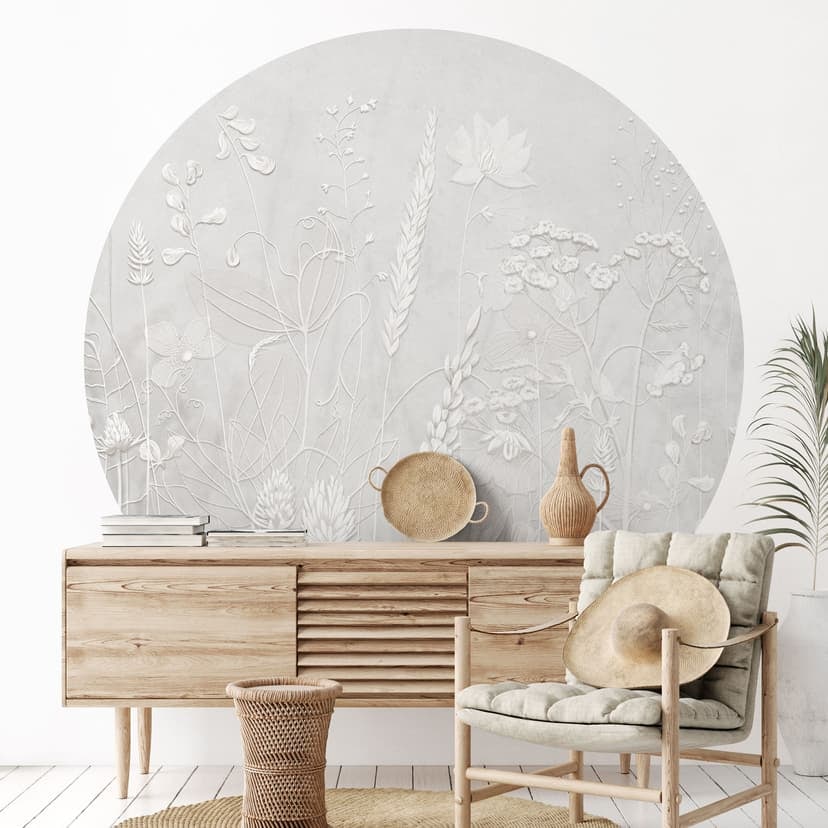 Fotomural con relieve floral - Plantas en blanco en un diseño moderno - Ms Tiff - Redondo - Autoadhesivo/no tejido