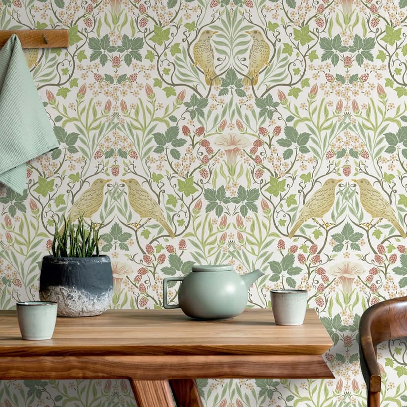 Papel pintado no tejido pájaros, flores naturaleza floral en blanco