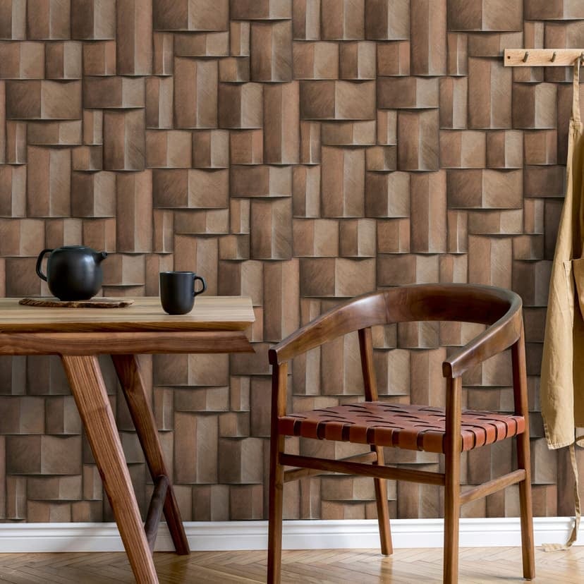 Papel pintado no tejido con motivo de madera marrón geométrico aspecto 3D
