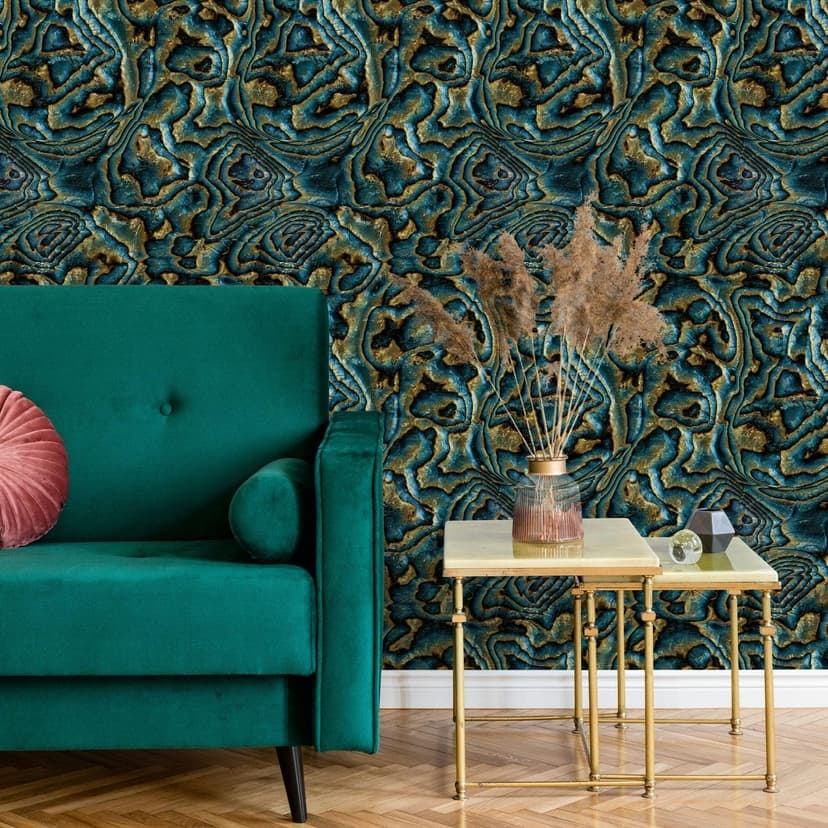 Papel pintado no tejido en azul, verde, marrón mármol look piedra gráfico moderno