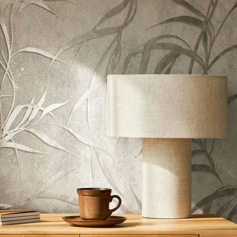 Papel pintado no tejido con hojas en hormigón de aspecto floral gris