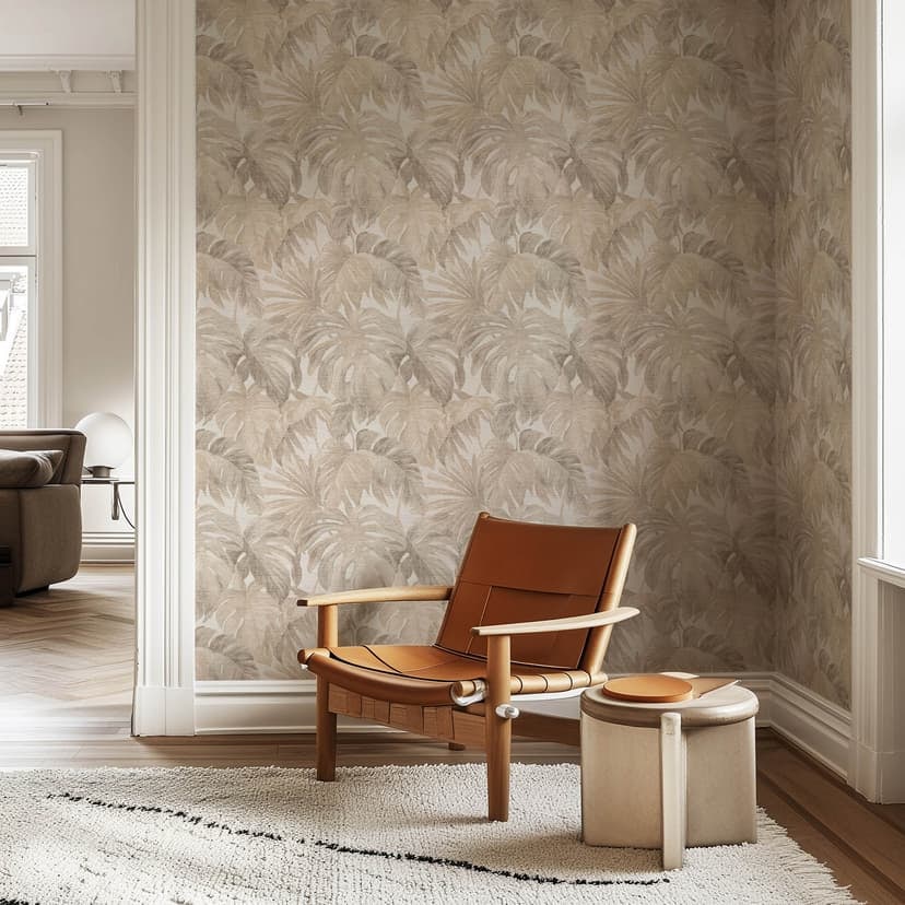 Papel pintado no tejido hojas beige greige sutil botánico moderno para espacios de vida con estilo