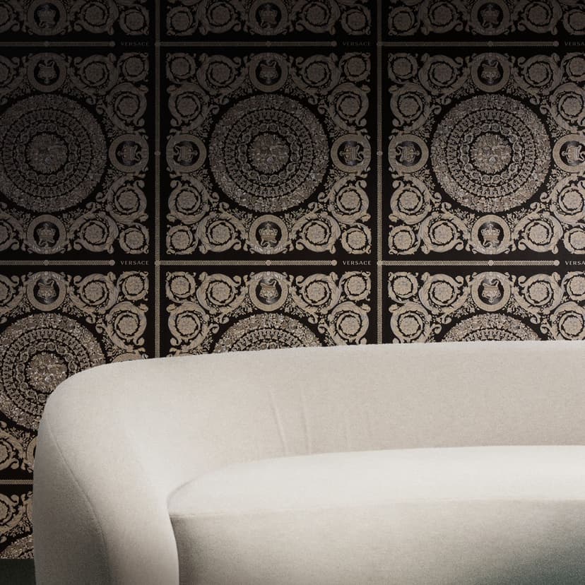 Papel pintado no tejido de lujo Heritage Baroque Medallion Floral Negro Beige Gris