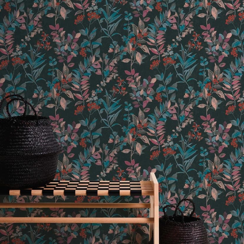 Papel pintado floral con flores negro colorido - papel pintado no tejido floral en estilo acuarela