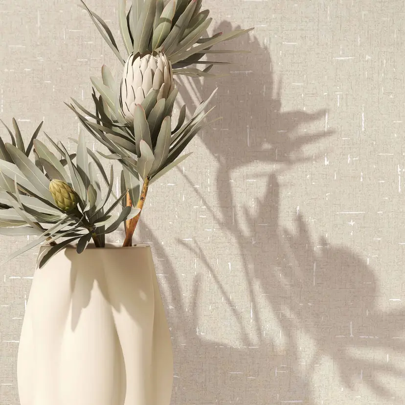 Papel pintado no tejido con una textura lisa ligeramente brillante de color beige y blanco