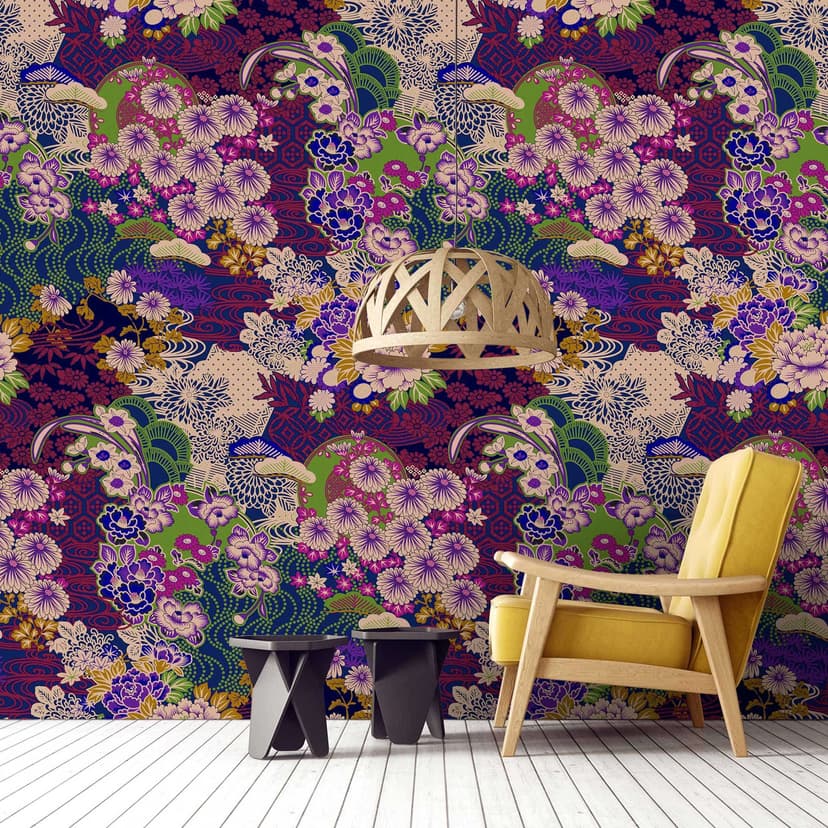 Papel pintado Floral - violeta y oro sobre azul noche - papel pintado no tejido de flores