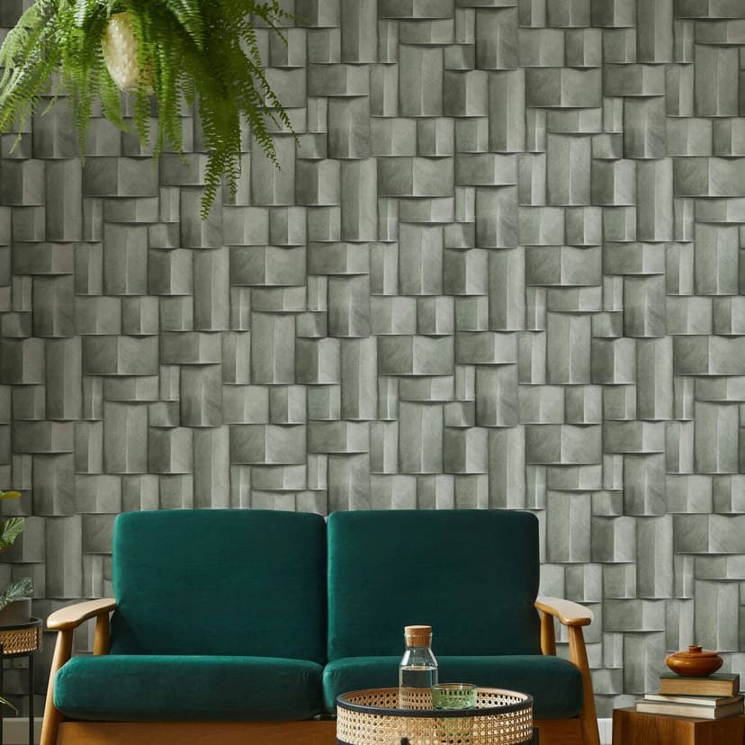 Papel pintado no tejido con motivo madera verde geométrico aspecto 3D