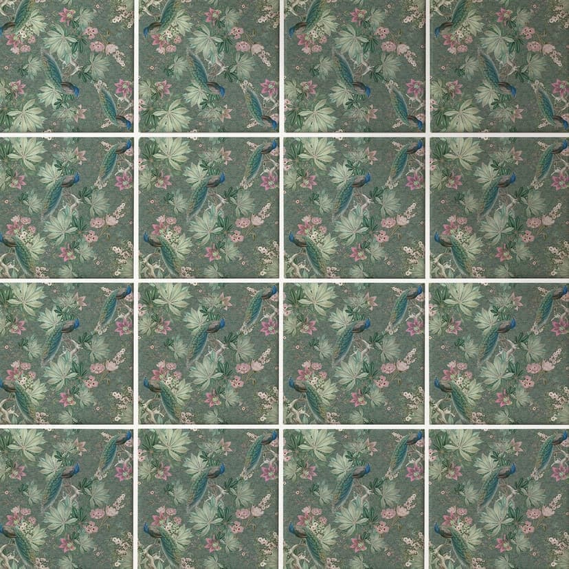 Azulejos Adhesivos Pavo real en jardín tropical sobre mosaico - Bloomery Decor - Lote de 12