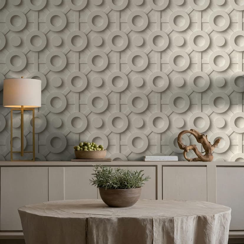Papel pintado no tejido gráfico 3D aspecto moderno, círculos mate en beige