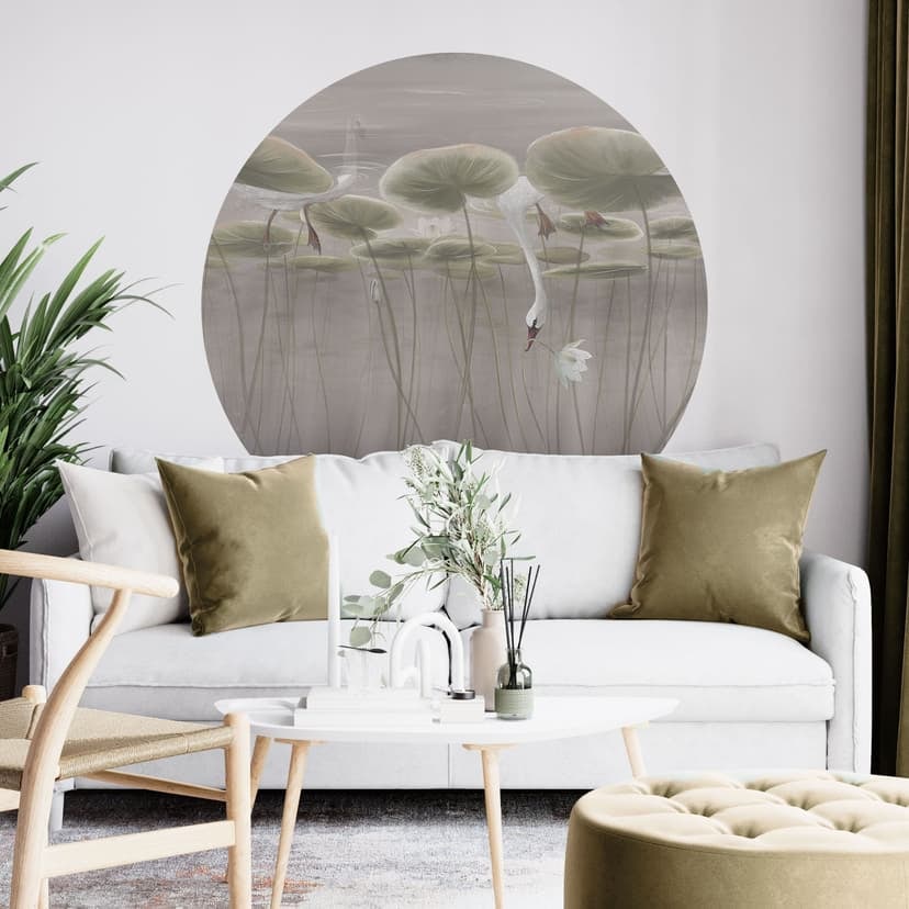 Vinilo decorativo flores de loto con cisne en el agua en gris - Ms Tiff - Redondo