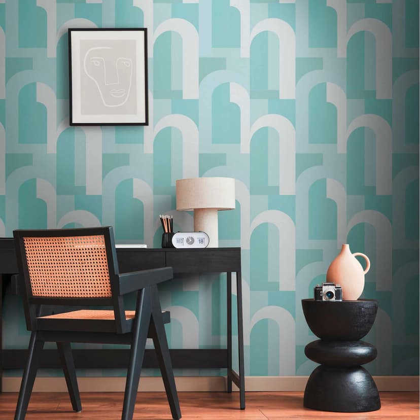 Papel pintado gráfico en estilo art déco turquesa blanco - Papel pintado no tejido con Muestra retro