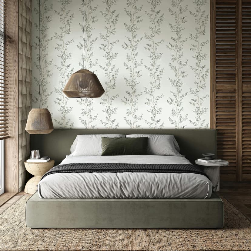Papel pintado no tejido hojas, ramas naturaleza floral mate en gris verde
