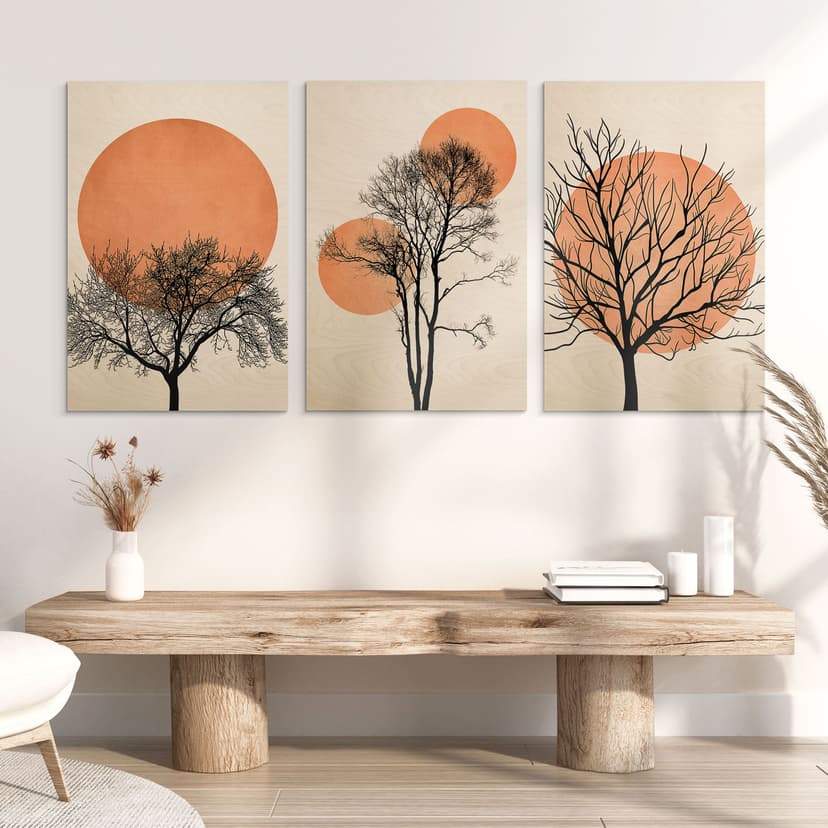 Cuadro de madera Kubistika - Cálida puesta de sol en colores melocotón (3 piezas)
