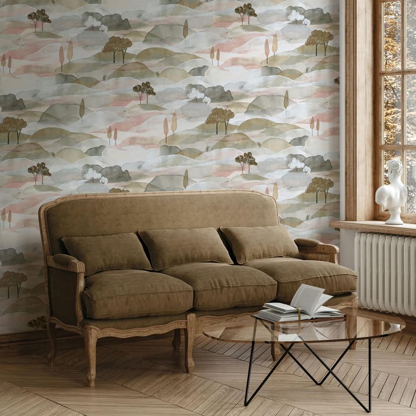 Papel pintado no tejido paisaje gráfico naturaleza mate en verde azul rojo