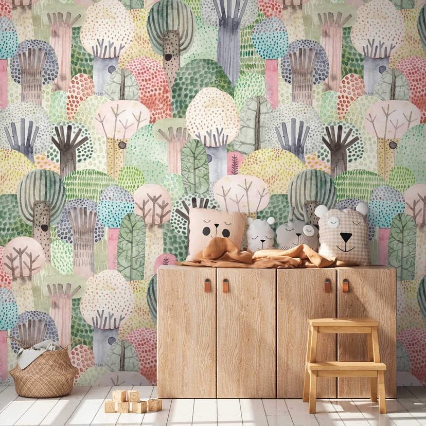 Fotomural con motivo de bosque colorido - Papel pintado no tejido para habitaciones infantiles - Diseño de árbol juguetón