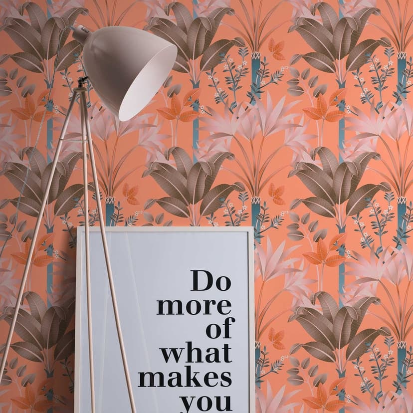 Papel pintado selva en estilo gráfico naranja colorido - papel pintado no tejido hojas de palmera