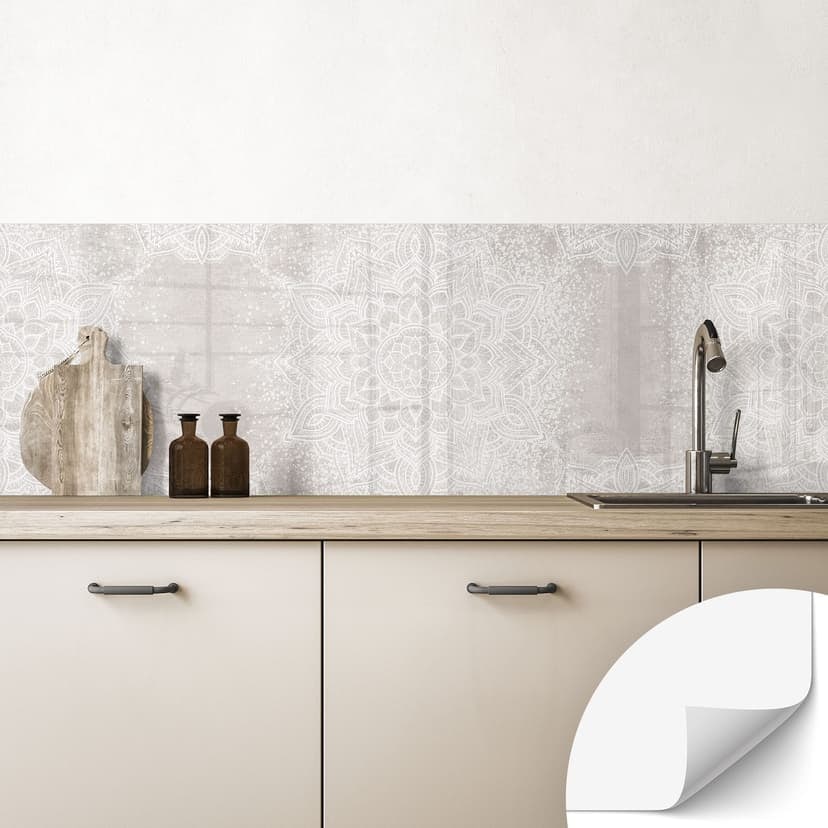 Salpicadero de cocina autoadhesivo Mandala suave sobre gris-beige - Bloomery Decor