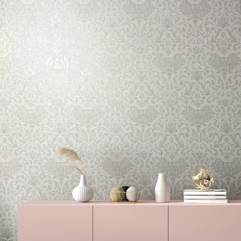 Papel pintado no tejido con flores, hojas ornamentales blanco brillante floral