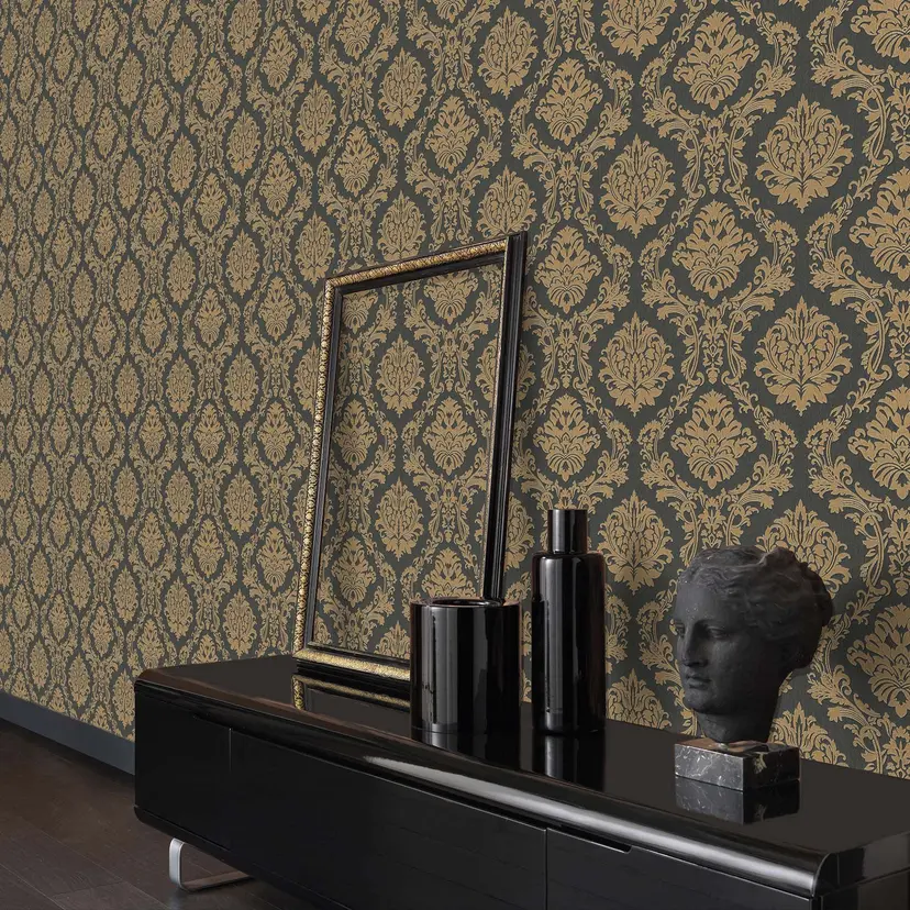 Papel pintado ornamental, papel pintado no tejido Erismann Versailles negro, dorado