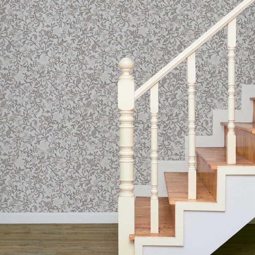 Papel pintado no tejido flores, motivo hoja naturaleza floral en gris
