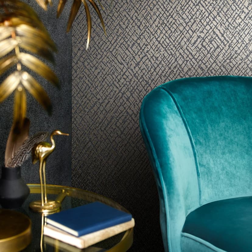 Papel pintado no tejido con motivo de celosía brillante antracita, textura dorada