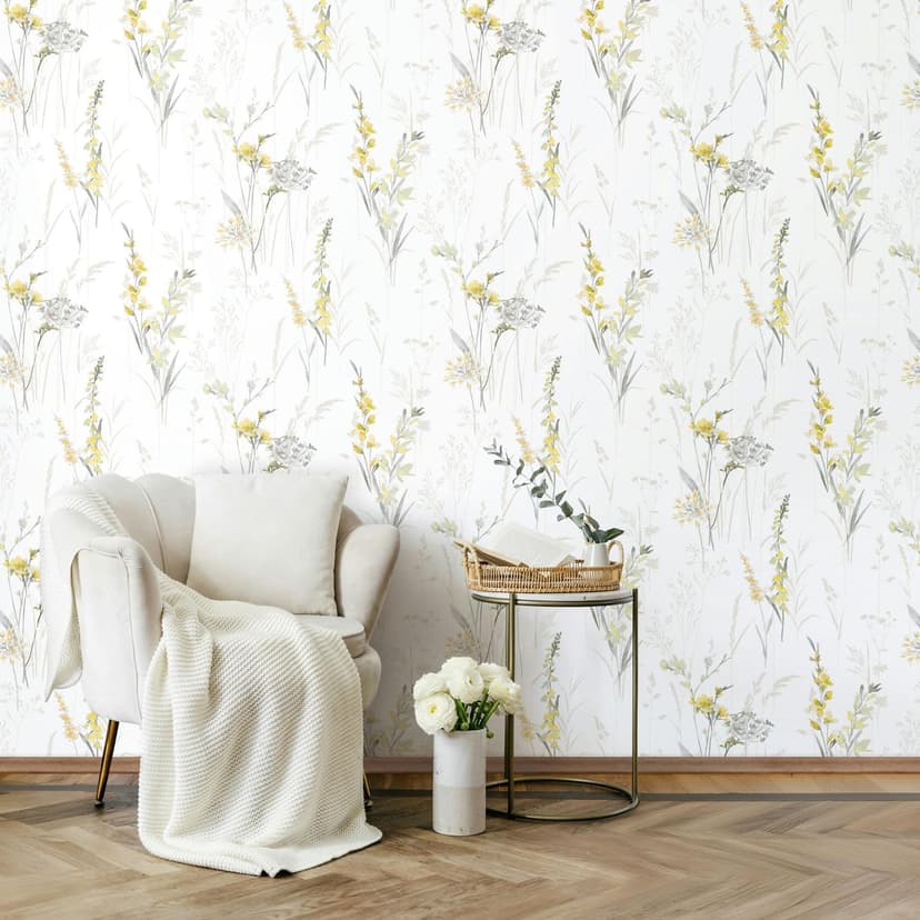 Papel pintado no tejido flores, hojas naturaleza floral mate en blanco amarillo