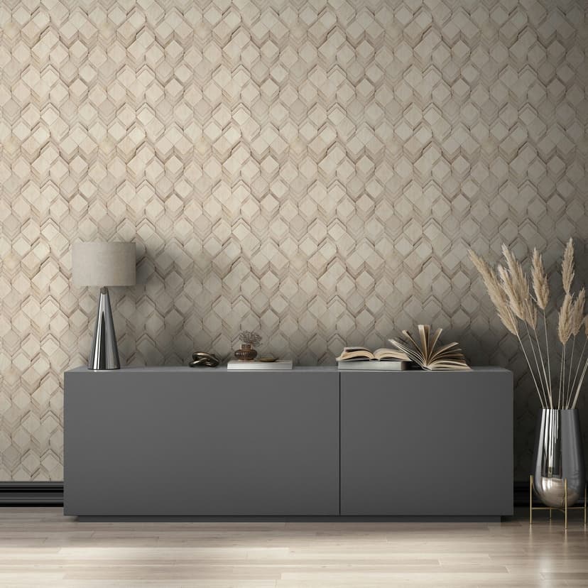 Papel pintado no tejido de color beige, gris ilusión de rombos 3D aspecto moderno