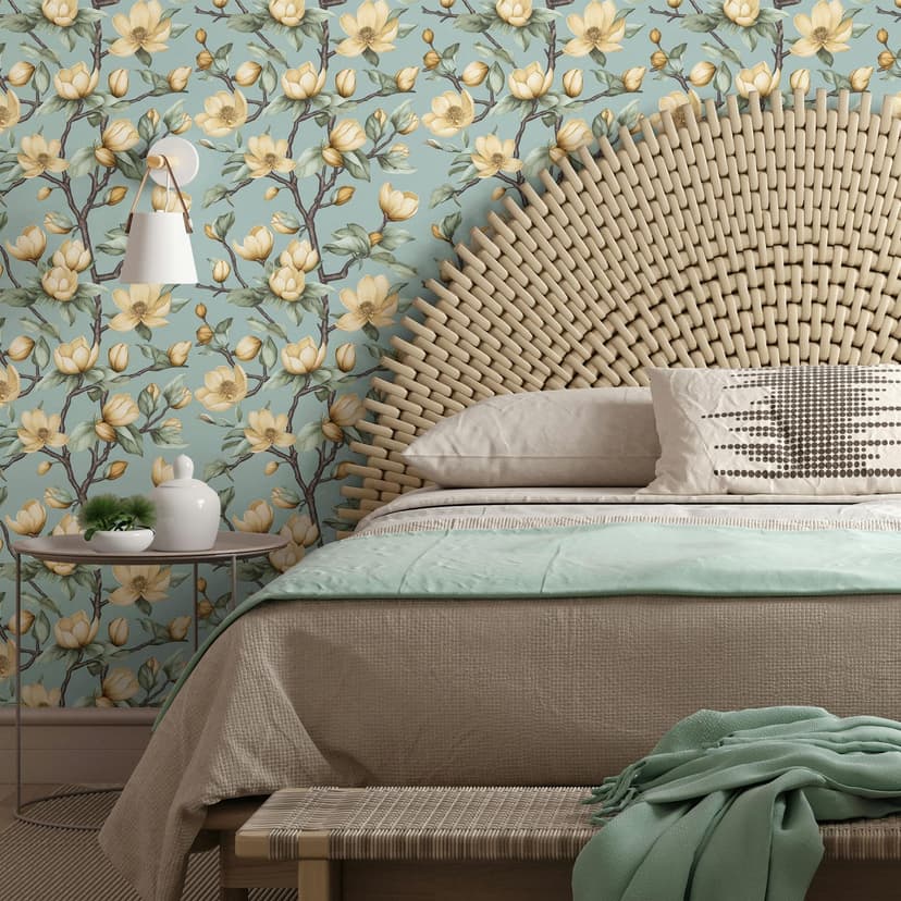 Papel pintado no tejido ramas, flores naturaleza floral mate en verde amarillo
