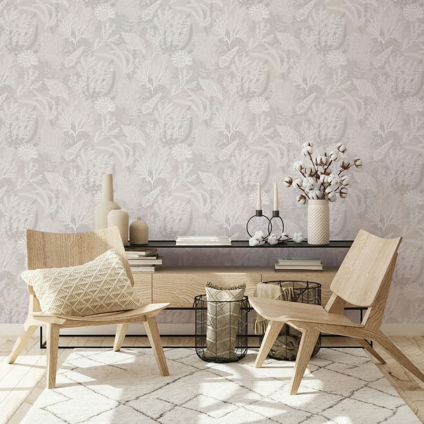Papel pintado no tejido en blanco, conchas beige naturaleza gráfica submarina