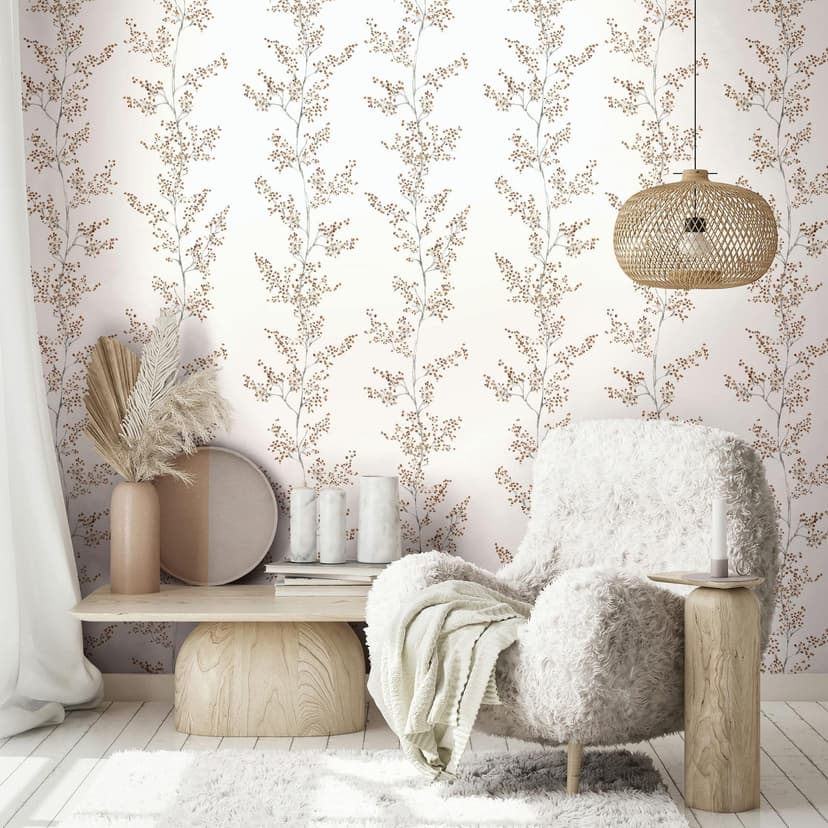 Papel pintado no tejido hojas, ramas naturaleza floral mate en blanco beige