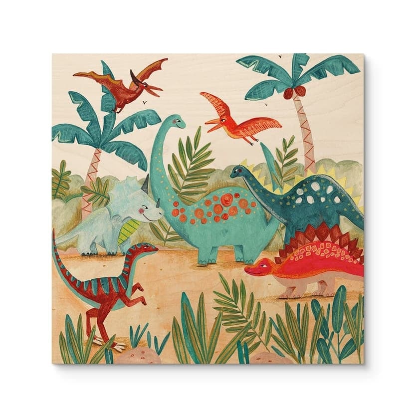 Cuadro de madera Dinosaurios coloridos en el bosque primitivo - Bonne Müller - Cuadrado
