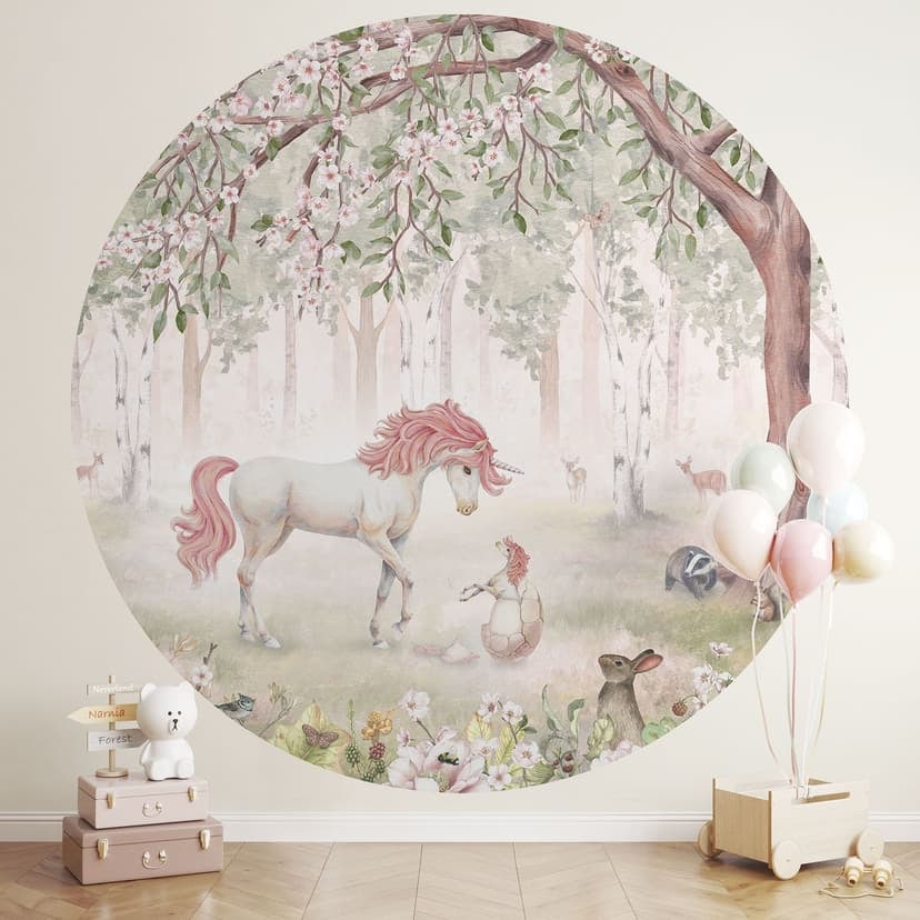 Fotomural de habitación infantil bosque de cuento con unicornios - Kikki Belle - Redondo - Papel pin