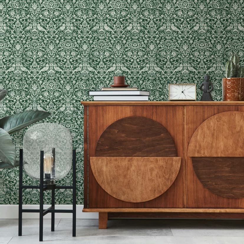 Papel pintado no tejido pájaros, flores naturaleza floral en verde